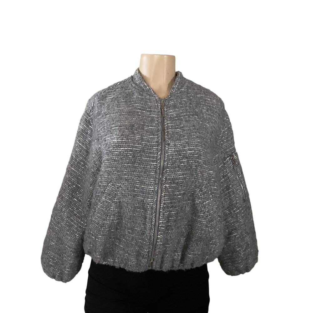 ZARA Girls Gray Textured Bouclé Bomber Jacket Zip Pockets Size 13/14 164